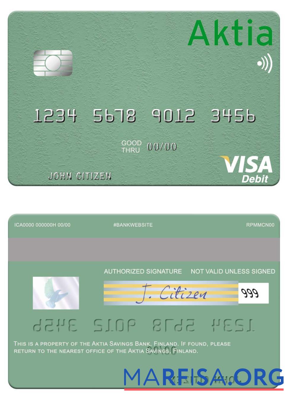 Downloadable Finland Aktia Savings Bank visa debit card example